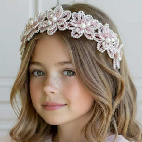 Luxury girls flower crown in pink and ivory for weddings, bridesmaids and flowergirls.