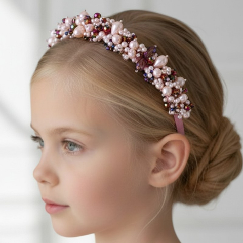 Designer pink pearl and amethyst crystal headband, handmade by Sienna Likes to Party