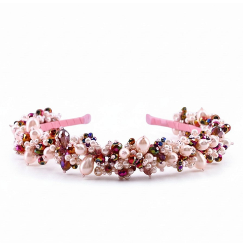 Designer girls pink pearl and amethyst crystal headband.  Handmade by Sienna Likes to Party