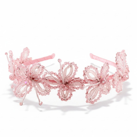 Handmade crystal butterfly headband in pink.  Bespoke headband for childrens special occasions, designed and hand beaded by Sienna Likes to Party