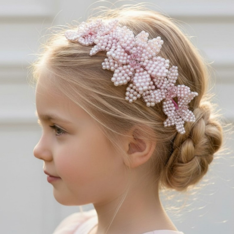 Designer girls pink pearl and crystal flower crown by Sienna Likes to Party luxury handmade hair accessories for children.