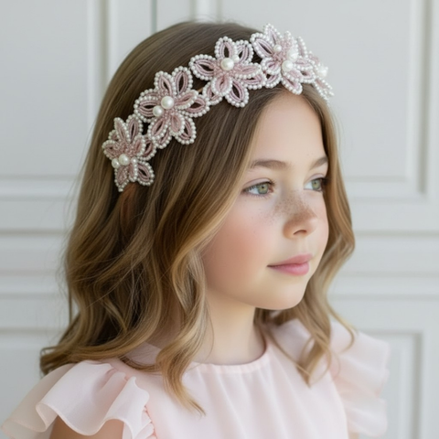 Designer girls flower crown in pink crystals and ivory pearls handmade luxury for children by Sienna Likes to Party accessories.