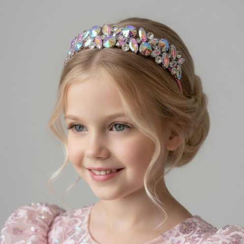 Designer girls occasion headband with sparkling rainbow crystals and satin band