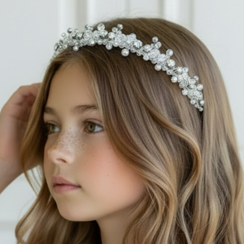 Bespoke, handmade white crystal tiara for girls.  Designed for special occasionwear, flower girls and communions by Sienna Likes to Party - Luxury Childrens Accessories.
