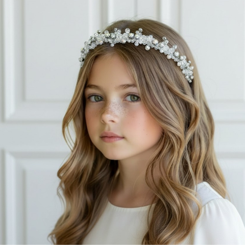 Designer Communion headband by Sienna Likes to Party - Handbeaded with white crystals and rhinestones