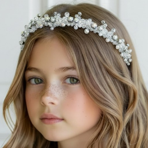 Designer White crystal headband with diamantes perfect for communions or flower girls - handmade and bespoke by Sienna Likes to Party