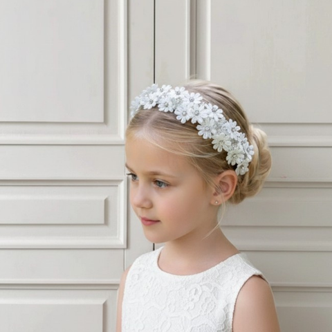 Flower Girl wearing white daisy flower crown, an heirloom keepsake accessory by Sienna Likes to Party Luxury Childrens hair Accessories.