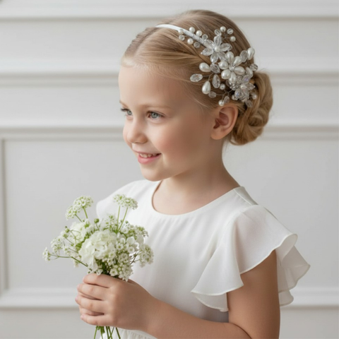 Luxury flower girl headband in ivory pearls and white crystals.  Designed and handmade by Sienna Likes to Party