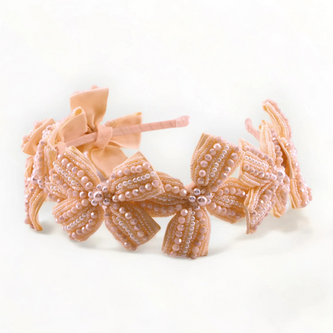 Designer Apricot Bow headband, entirely handmade and hand beaded by Sienna likes to Party - Luxury Hair Accessories for Children