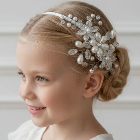 Designer white communion headband - handmade by sienna likes to party luxury accessories for children