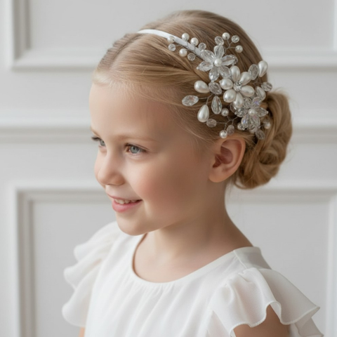 Designer white flower headband handmade with pearl beads, and white crystals in an elegant floral design.  Perfect for bridal or communion
