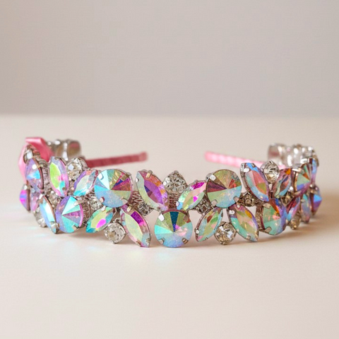 Handmade rainbow crystal tiara headband for girls with luxury rhinestones and diamantes