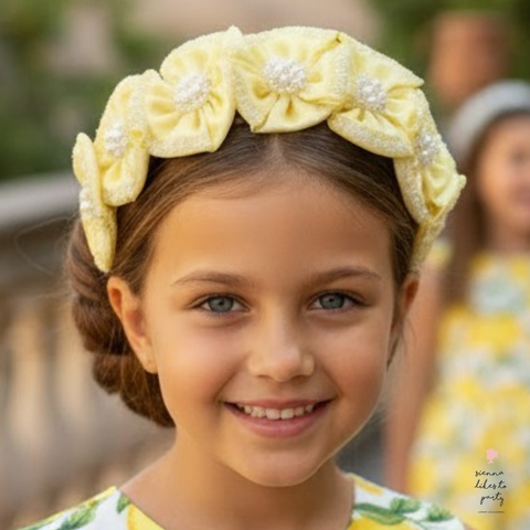 girl wearing lemon flower crown at summer birthday party