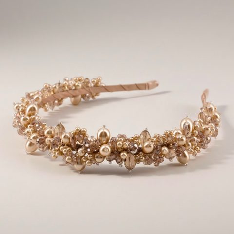 elegant champagne pearl occasion headband for flower girls