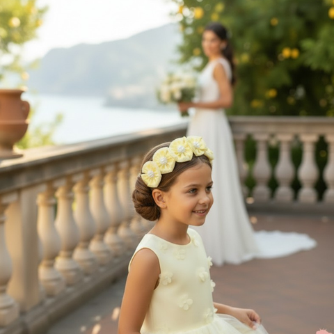 lemon yellow flower girl headband - designer, handmade and bespoke by Sienna Likes to Party