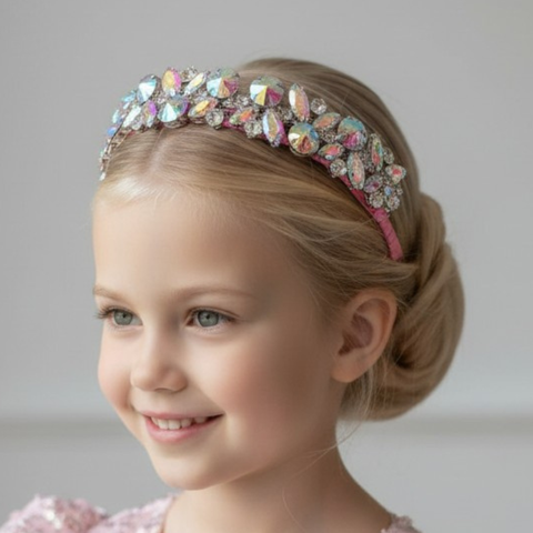 Luxury flower girl rainbow crystal crown headband for weddings and special occasions