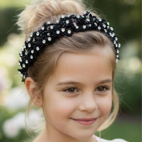 Buy best childrens black lace and rhinestone flower crown.  Perfect for parties and festive gift giving.