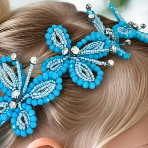 Designer, luxury Blue crystal butterfly headband - perfect for childrens special occasionwear.