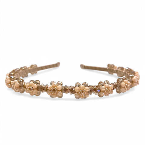 The Pansie Headband is handcreafted with different sized quality blush crystals and pearls.  The Perfect childs hair Accessory for special occasionwear, kids birthday parties, weddings and flower girls
