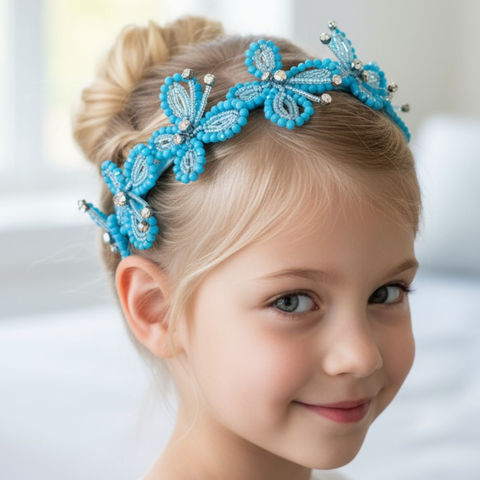 Girls handmade bespoke blue crystal butterfly headband by Sienna Likes to Party, luxury hair accessories for kids