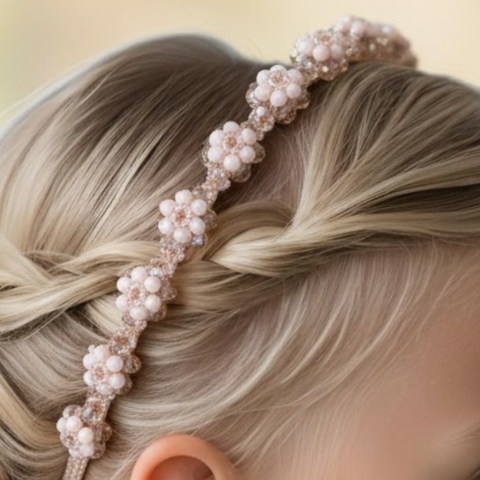 Pearl headband  flower crown worn by a flower girl with braided hair 