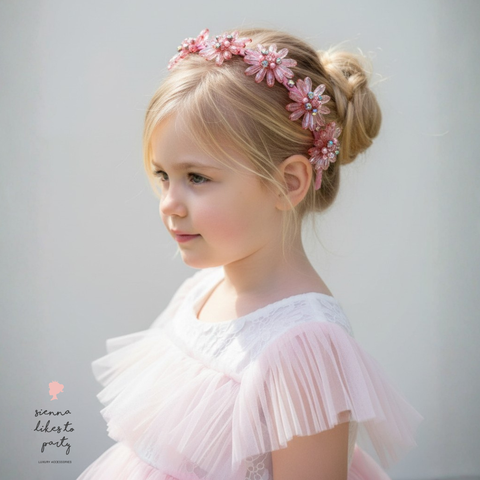 girl wearing handmade floral crystal headband in soft pink tones