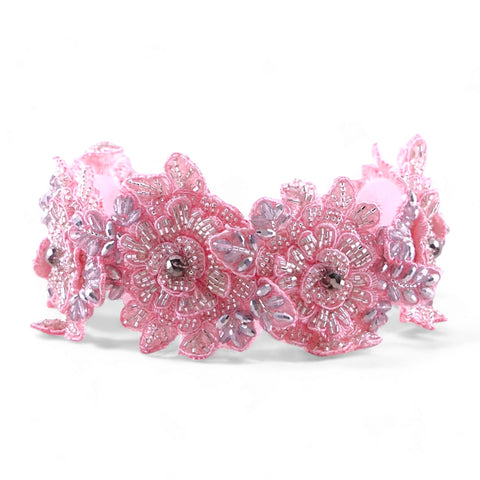 Buy the best luxury handmade Flower girl crystal headpieces.  This piece is pink with silver metalic and pink crystals hand stitched to lace pink flowers.