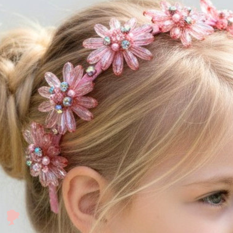 close up pink crystal flower headband for girls special occasions