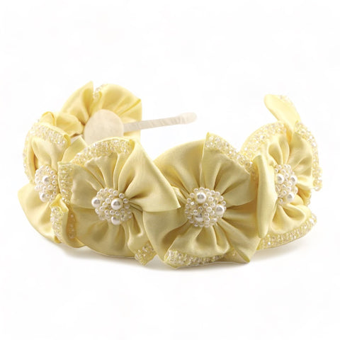 handmade lemon flower crown for girls with satin flowers and pearl crystal centres