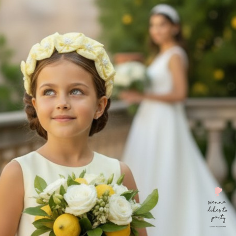 bespoke handmade flower crown for children in soft lemon yellow tones for flower girls