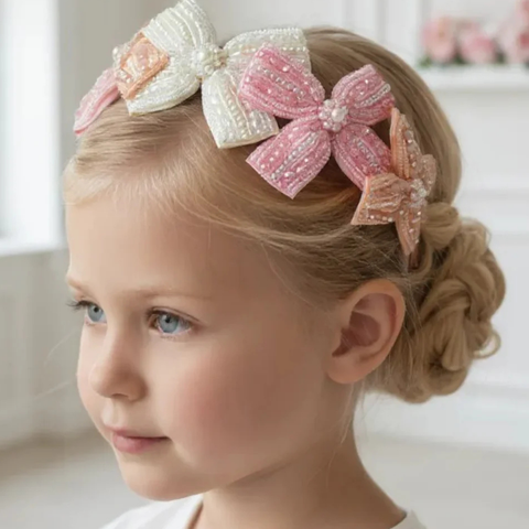 handmade girls bow headband handbeaded pastel hairband, with pearls and crystals.  Perfect for flower girls and childrens special occassions.