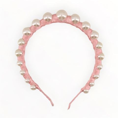 pink hair accessories for children - by Sienna Likes to Party - The Vida Crown is handmade with ivory pearls and pastel pink satin.