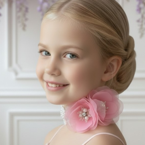 Model wearing Sienna Likes to Party Luxury handmade necklace for girls.  Soft pink chiffon flowers on embelished lace.  Fully adjustable
