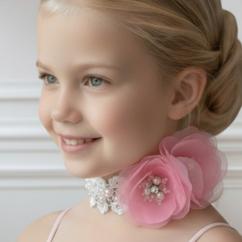 Handmade childrens luxury necklace.  Hand cut pastel pink chiffon layers create a dramatic flowers that are centred with pearl, crystal and diamante centres. Designed by Sienna Likes to Party - Luxury Accessories for Children