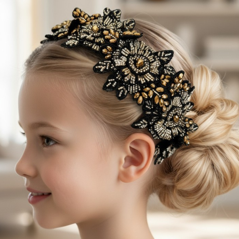 Girls designer black and gold headband, hand beaded with metalic gold crystals in a floral design.  Perfect for childrens special occasions.