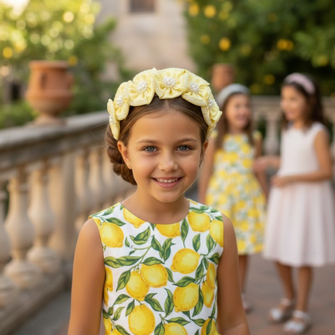 bespoke handmade flower crown for children in soft lemon yellow tones