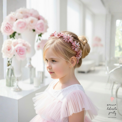 girl wearing handmade floral crystal headband in soft pink tones