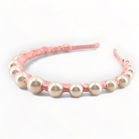 Designer childrens pearl tiara style headband with graduating ivory pearl beads set in pastel pink Satin