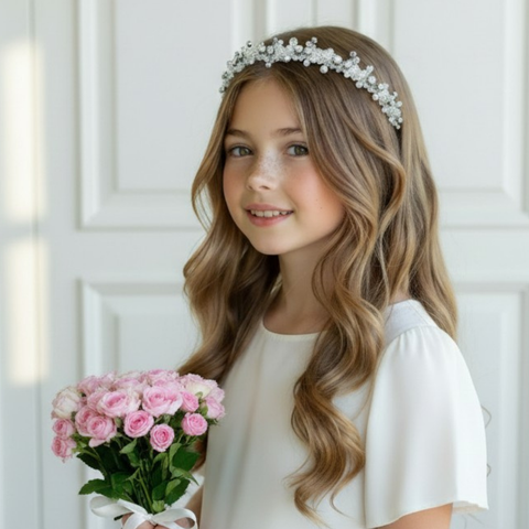 Designer Flower Girl Headband - Handbeaded with White crystals and diamantes for sparkle.  Perfect for communions or weddings.