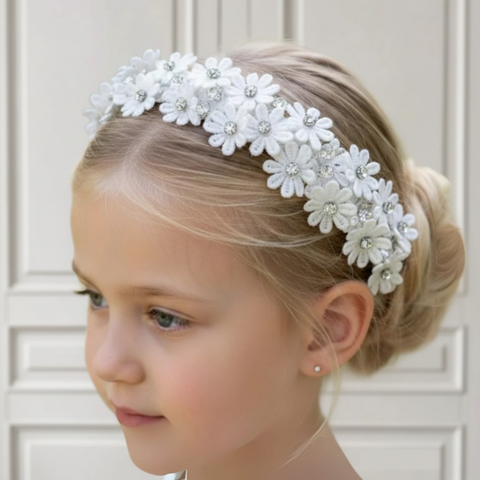White Flower Girl Headband in white daisly lace and diamantes - handmade for communions and special occasions - by Sienna Likes to Party