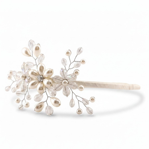 Bespoke white handmade pearl and crystal flower headband by Sienna Likes to Party