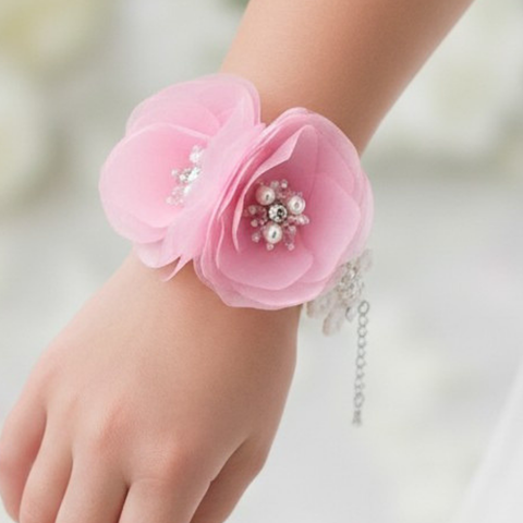 Close up of pink diamante flower bracelet perfectfor flower girls - handmade by Sienna Likes to Party