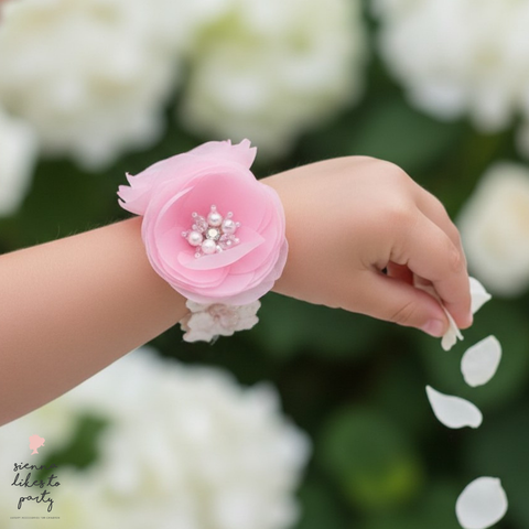 Pink Flower bracelet with hand crafted diamantes and pearls by Sienna Likes to Party