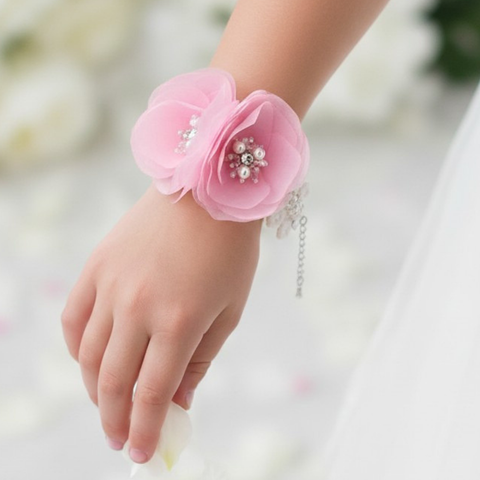 Flower Girl pink chiffon flower bracelet, hand embellished with rhinestones, pearls and diamantes handmade by Sienna Likes to Party