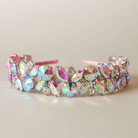Bespoke handmade girls crystal tiara with iridescent rainbow rhinestones