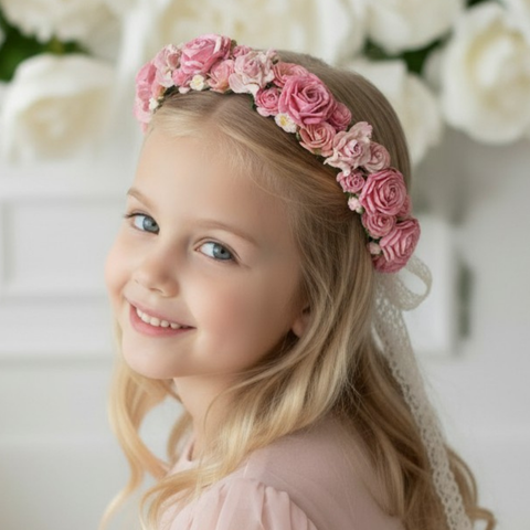 Flower girl wearing the handmade pink Rose Bud rose crown by Sienna Likes to Party