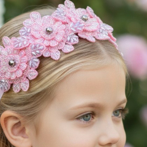 Hand-beaded pink and silver crystal flower crown headband for girls