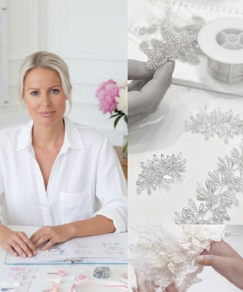 Meegan Rupe founder and designer of Sienna Likes to Party luxury children's hair accessories brand, working at her design studio alongside her specialist artisan team handcrafting pearl and crystal hair accessories for flower girls, weddings, communions and special occasions worldwide