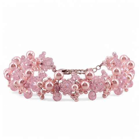 Girls elegant handcrafted pink necklace made with hand threaded crystals and pearls, perfect for birthdays, special occasions and weddings, designed by Sienna Likes to Party kids fashion accessories
