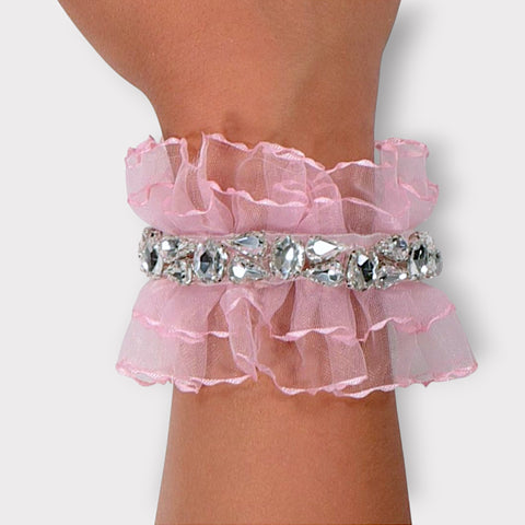 Handmade pastel pink frilled organza rhinestone bracelet, featuring diamante details – perfect for children’s weddings, birthdays, and formal occasions
